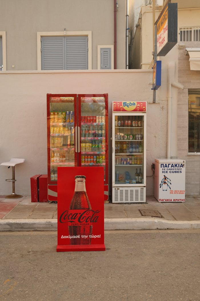 services-03 Street vending machines display a variety of drinks, with a Coca-Cola sign at the forefront.