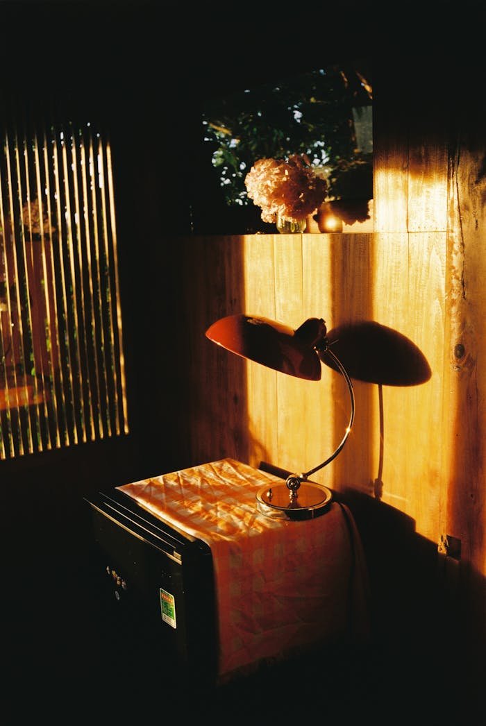 who-we-are A dimly lit room with a vintage lamp casting warm shadows indoors.